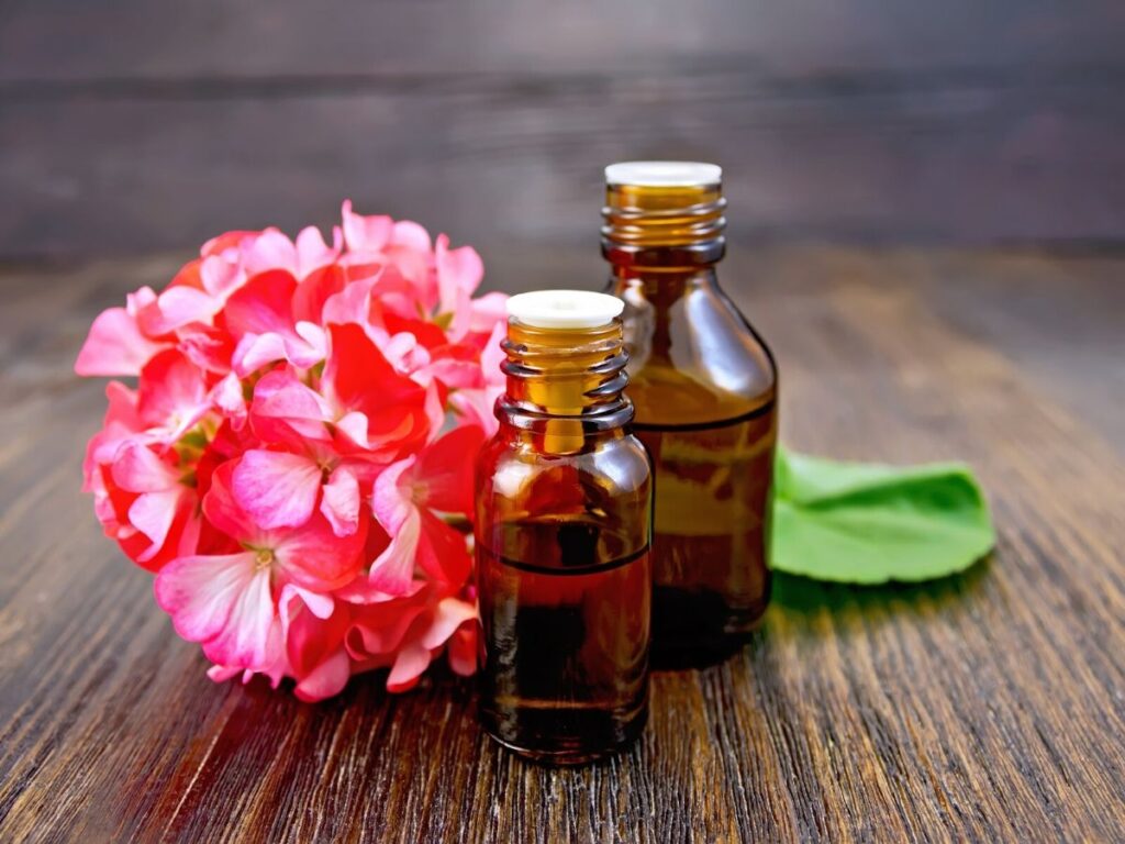 geranium essential oil bottles on table next to pink flower