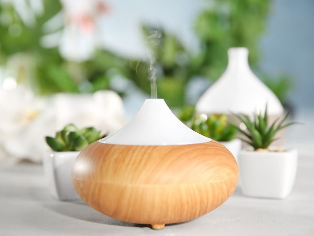 essential oil diffuser with plants in background.