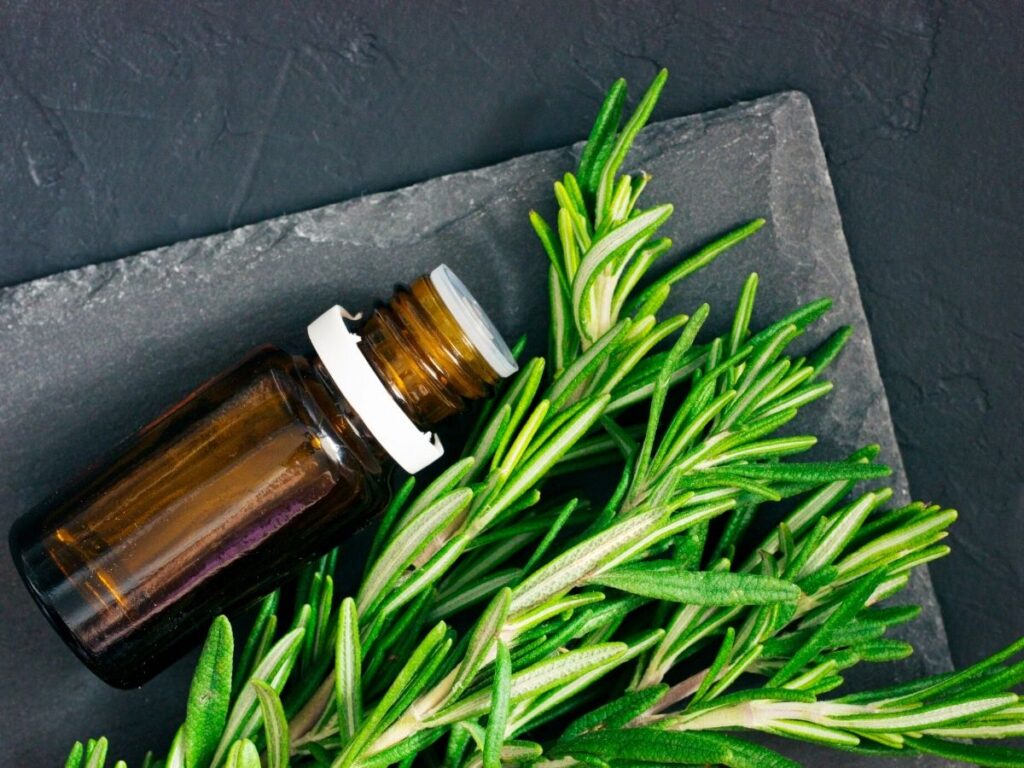 rosemary essential oil on slate table