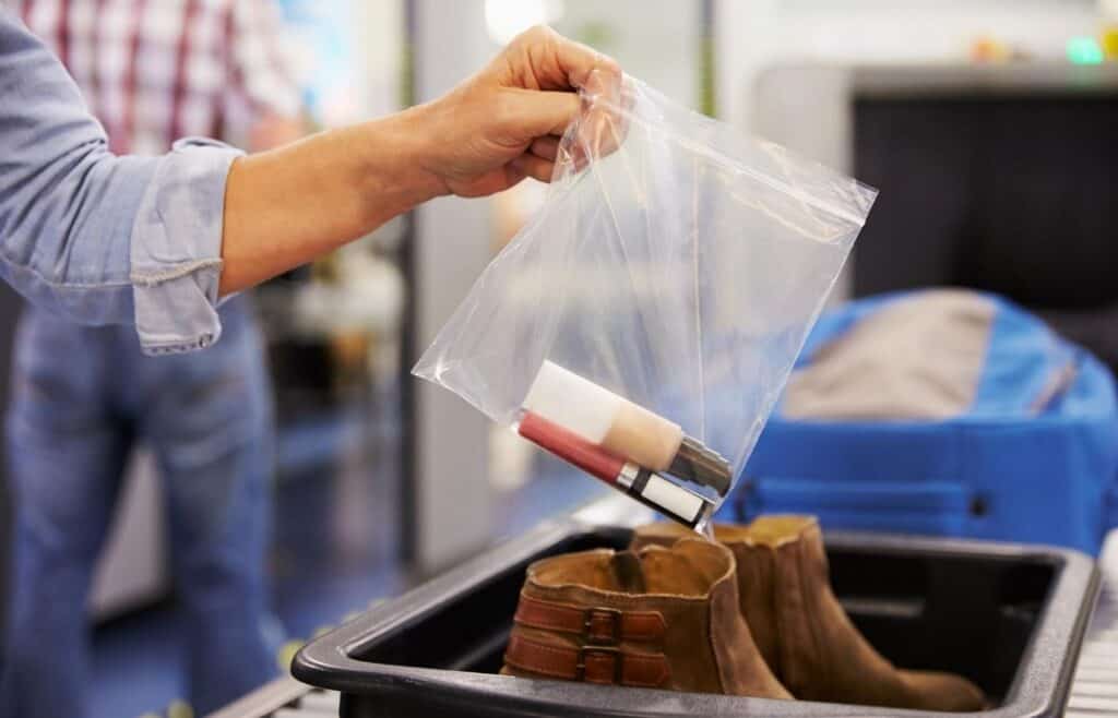 plastic bag filled with 3.4 oz liquids before security check