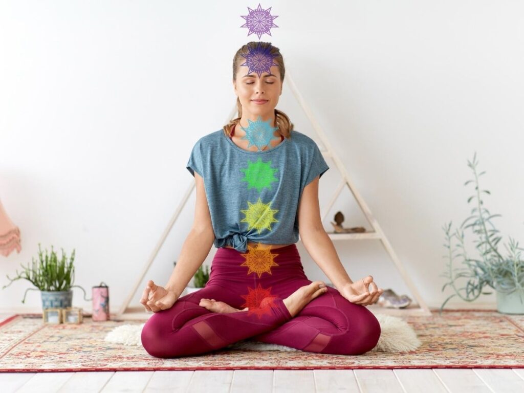 Woman meditation showing third eye chakras.