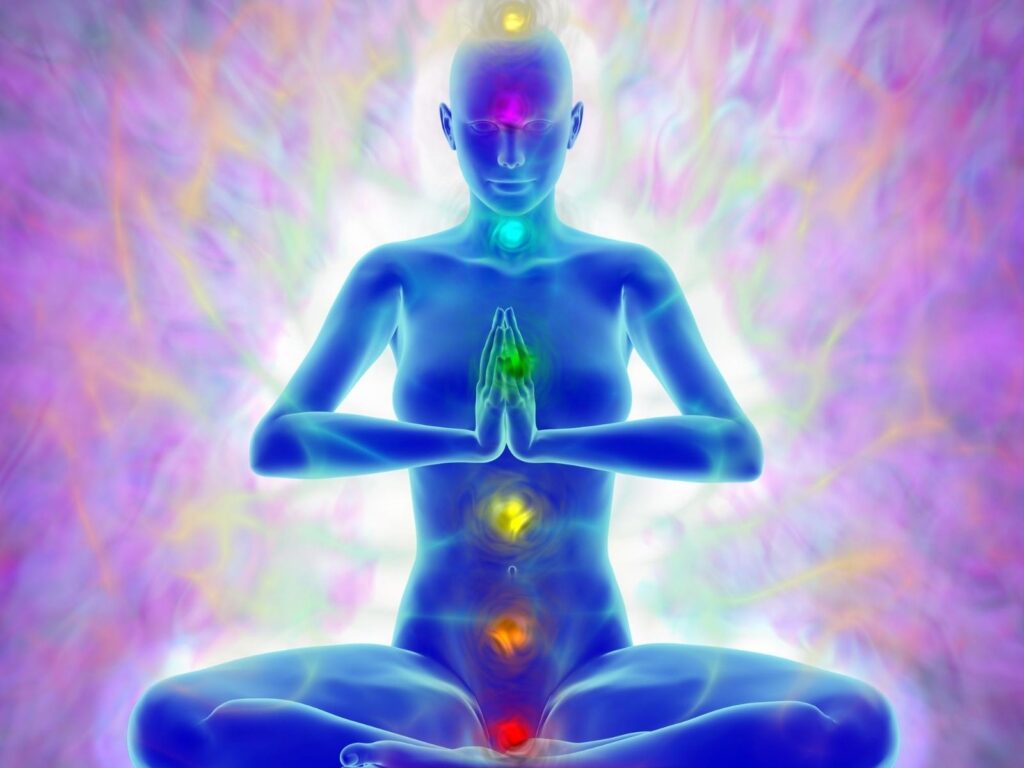 a body meditating showing the 7 energy chakras