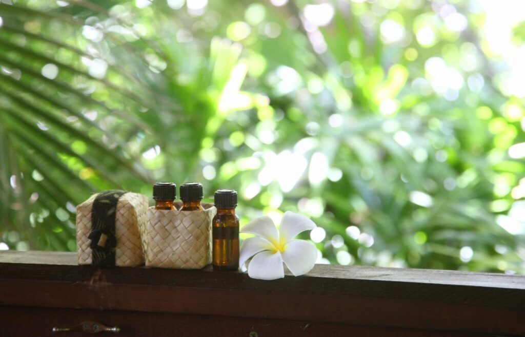 essential oils on a ledge