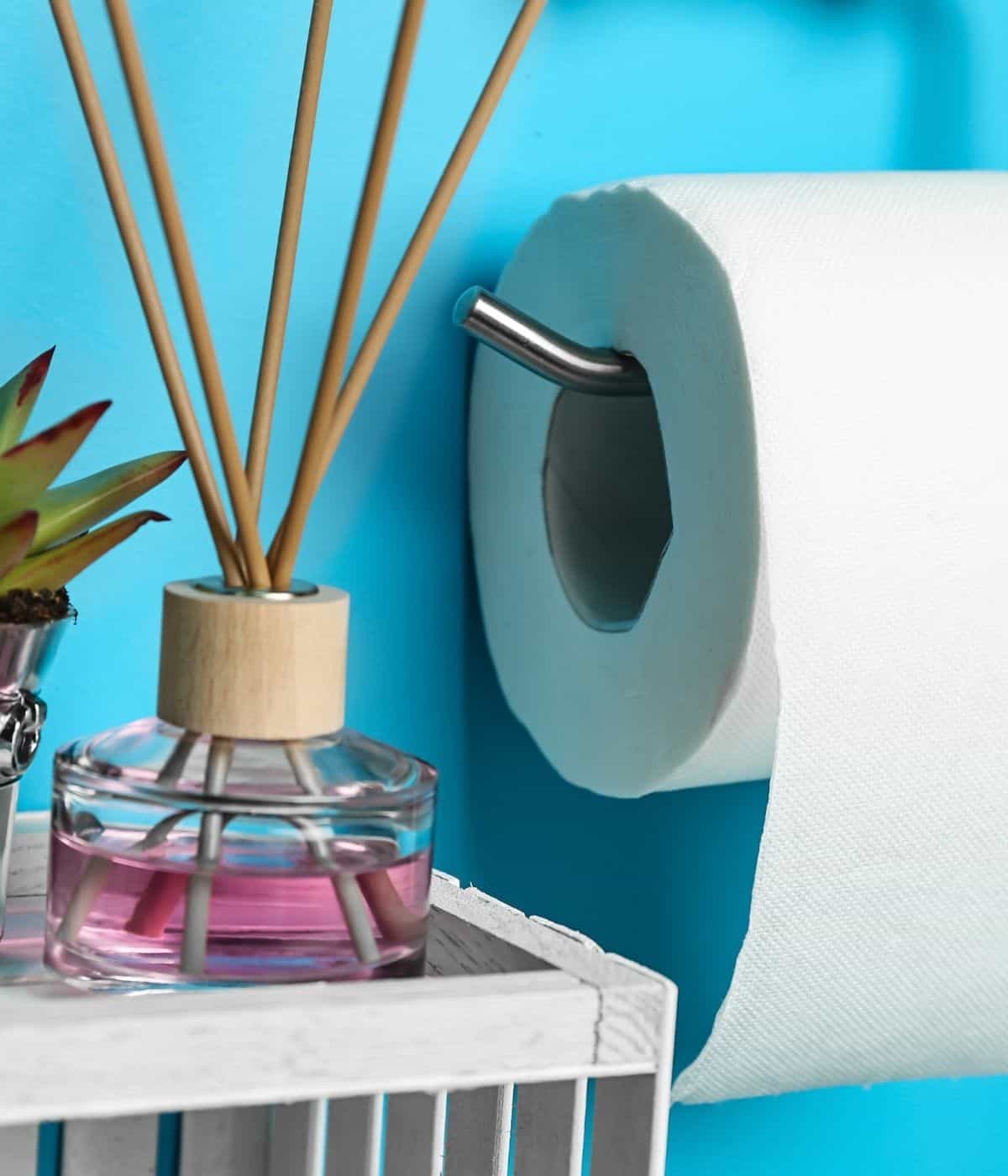 Toilet paper holder next to reed diffuser in bathroom.