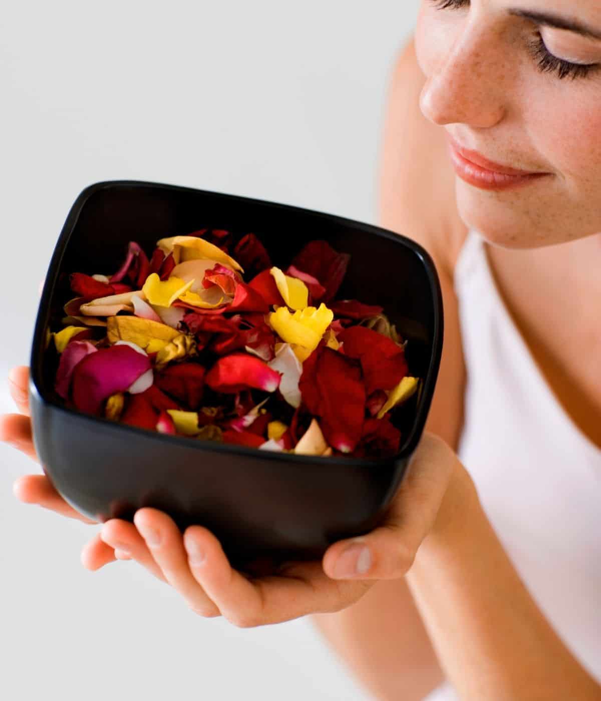 Potpourri in a bowl with diffusing essential oils.