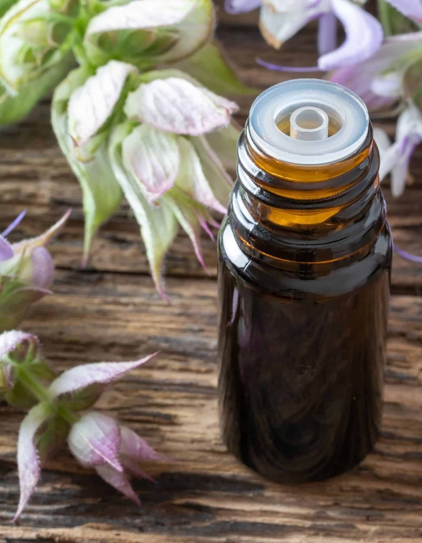 Clary sage flowers and oil on table.