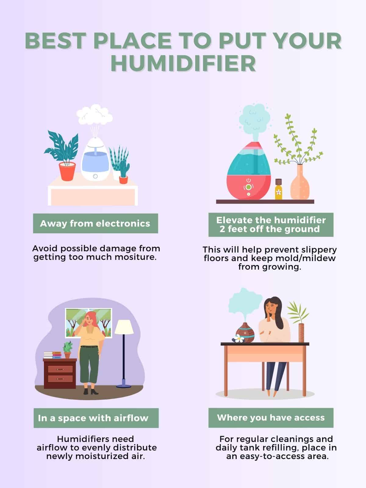 Graphic showing and explaining where the best place is to put your humidifier at home.