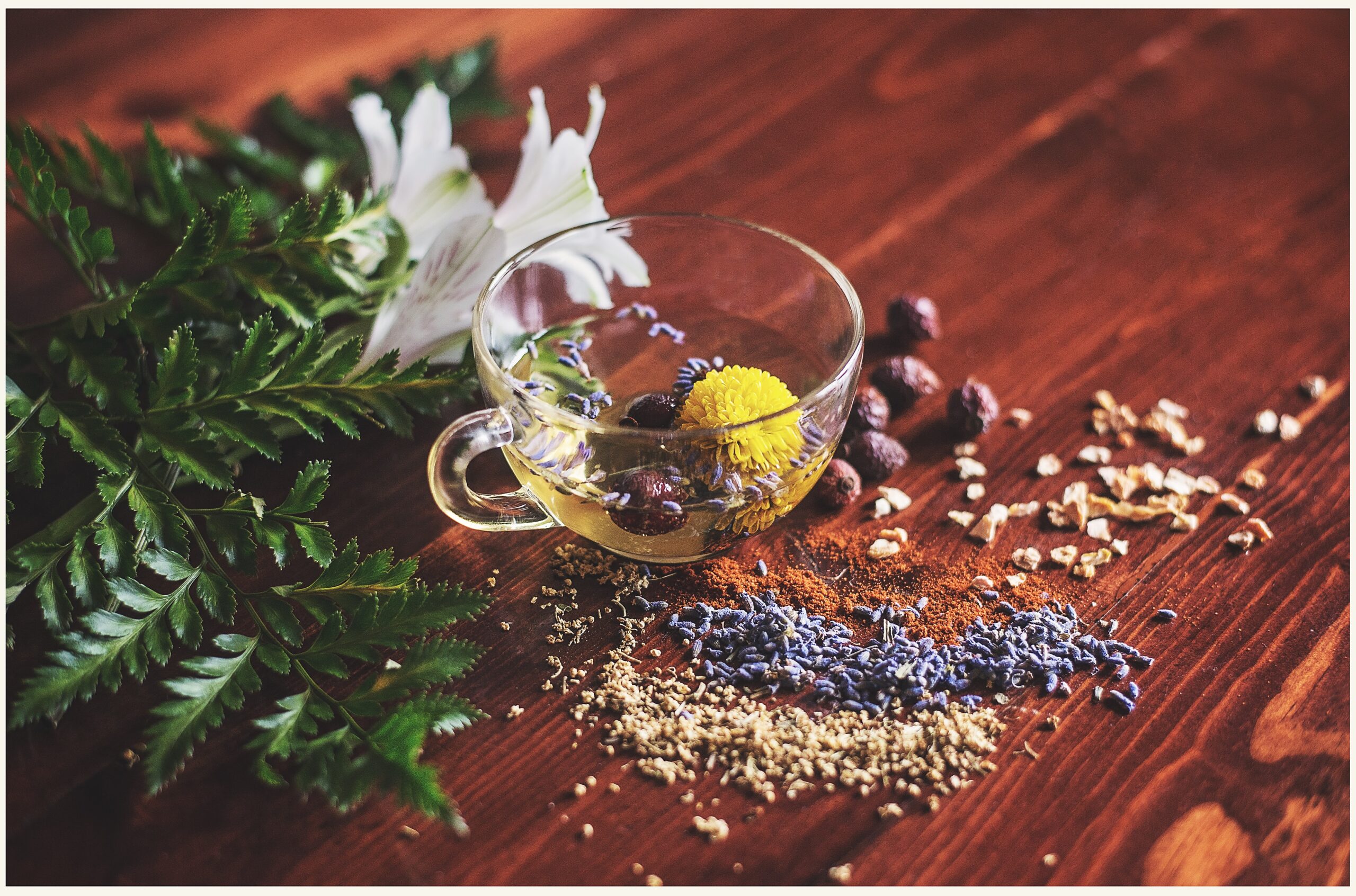 Essential oils on table.